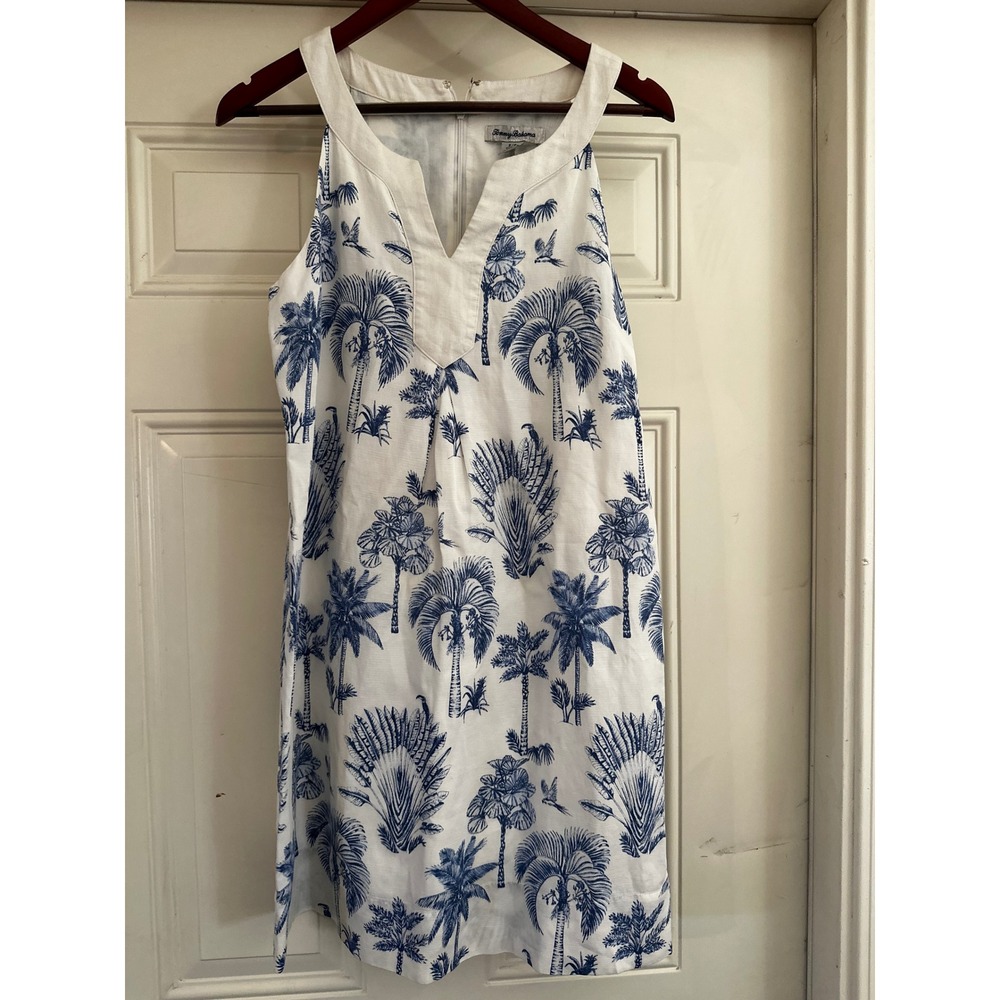 Tommy Bahama Small Blue White Palm Toile Linen Blend V-Neck Shift Dress